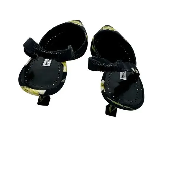 Manolo Blahnik Carolyne 50 Floral Slingback Pumps Black Yellow EU 36.5